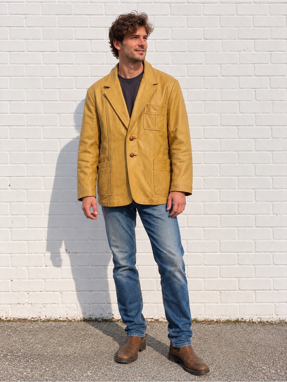 Vintage 70s 1970s Mens Size 46 Yellow Leather Blazer Jacket Western Ranch Coat